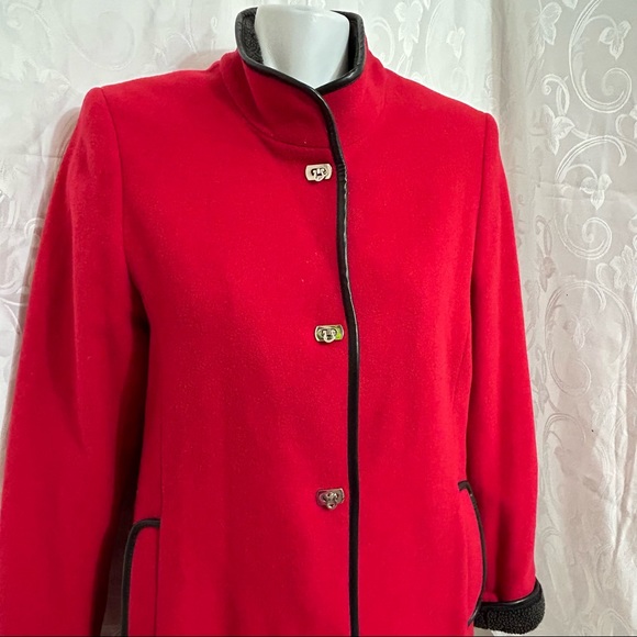 London Fog ZENA Candy Red Black Leather Trim Wool Clasp Snap Button Up Pea Coat - Picture 2 of 13